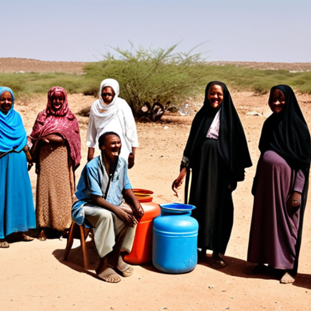 **Prompt 1: Resilience in Arid Lands**
    A group of Somaliland people, including elders and youth, are gathered in a dry, arid landscape, some near empty water containers. Despite the harsh environment, their faces radiate shared laughter and warmth, embodying a resilient spirit. An elder might be subtly gesturing or making a witty remark about the scarcity, turning hardship into a moment of collective humor and strength. Traditional Somaliland attire.