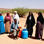 **Prompt 1: Resilience in Arid Lands**
    A group of Somaliland people, including elders and youth, are gathered in a dry, arid landscape, some near empty water containers. Despite the harsh environment, their faces radiate shared laughter and warmth, embodying a resilient spirit. An elder might be subtly gesturing or making a witty remark about the scarcity, turning hardship into a moment of collective humor and strength. Traditional Somaliland attire.