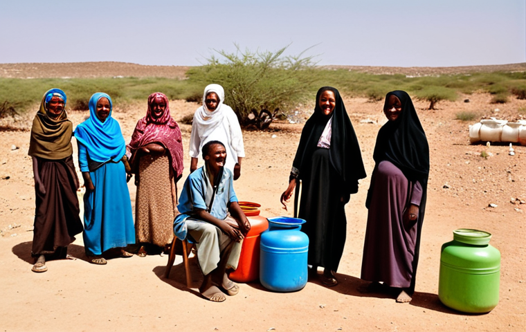 **Prompt 1: Resilience in Arid Lands**
A group of Somaliland people, including elders and youth, are gathered in a dry, arid landscape, some near empty water containers. Despite the harsh environment, their faces radiate shared laughter and warmth, embodying a resilient spirit. An elder might be subtly gesturing or making a witty remark about the scarcity, turning hardship into a moment of collective humor and strength. Traditional Somaliland attire.
