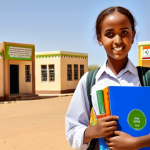 A Somaliland girl confidently attending school, holding books, with a hopeful expression, in a vibrant, sunny environment.
