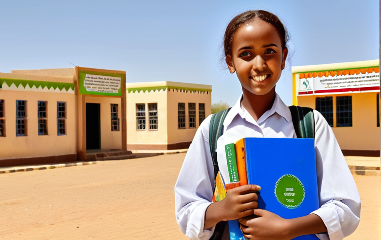 A Somaliland girl confidently attending school, holding books, with a hopeful expression, in a vibrant, sunny environment.