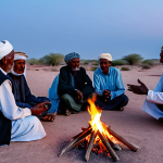 A wise elderly Somaliland poet, fully clothed in modest traditional nomadic attire, with well-formed hands gesturing naturally while reciting ancient Gabay poetry. The scene is set around a warm campfire in the vast, serene desert at dusk, with a small group of fully clothed listeners quietly captivated. The atmosphere is respectful and contemplative, highlighting the oral tradition and the passing down of cultural heritage. Perfect anatomy, correct proportions, natural pose, natural body proportions, professional photography, high quality, safe for work, appropriate content, family-friendly.